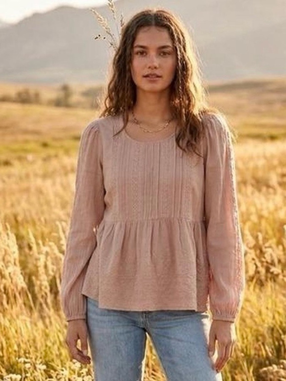 American Eagle Outfitters Dusty Rose Pintuck Peplum Blouse